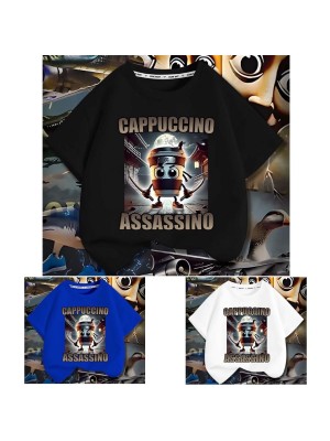 Maglia Brainrot T-shirt Manica Corta Cotone Cappuccino Assassino Meme CAPPUC01